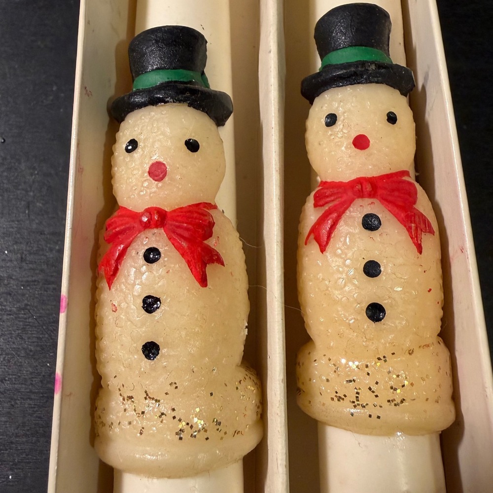 Vintage Snowman Taper Candles Pair Wax Holiday Decor White Red Green 12 Inch